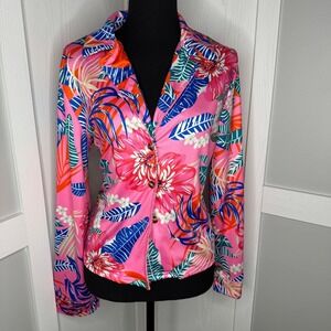 Tropical Floral‎ Button Up Shirt Size Small Pink Long Sleeve Stretchy Blouse